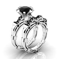 Art Masters Caravaggio 14K White Gold 3.0 Ct Black Sapphire Engagement Ring Wedding Band Set R823S-14KWGBLS