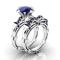 Art Masters Caravaggio 14K White Gold 3.0 Ct Blue Sapphire Engagement Ring Wedding Band Set R823S-14KWGBS