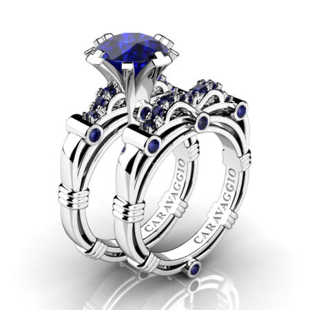 Art-Masters-Caravagio-14K-White-Gold-3-0-Ct-Blue-Sapphire-Engagement-Ring-Wedding-Band-Set-R823S-14KWGBS