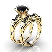 Art Masters Caravaggio 14K Yellow Gold 3.0 Ct Black Sapphire Engagement Ring Wedding Band Set R823S-14KYGBLS