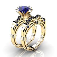 Art Masters Caravaggio 14K Yellow Gold 3.0 Ct Blue Sapphire Engagement Ring Wedding Band Set R823S-14KYGBS
