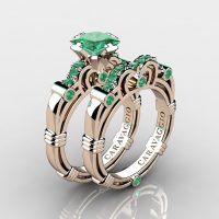Art Masters Caravaggio 14K Rose Gold 1.25 Ct Princess Emerald Engagement Ring Wedding Band Set R623PS-14KRGEM