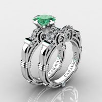 Art Masters Caravaggio 14K White Gold 1.25 Ct Princess Emerald Diamond Engagement Ring Wedding Band Set R623PS-14KWGDEM