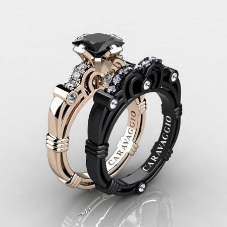 Caravagio-14K-Black-and-Rose-Gold-1-25-Carat-Princess-Black-and-White-Diamond-Engagement-Ring-Wedding-Band-Set-R623PS3-14KRBGDBD-P