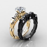 Art Masters Caravaggio 14K Yellow and Black Gold 1.25 Ct Princess White Sapphire Diamond Engagement Ring Wedding Band Set R623PS3-14KYBGDWS