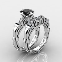 Art Masters Caravaggio 925 Sterling Silver 1.25 Ct Princess Black Sapphire Diamond Engagement Ring Wedding Band Set R623PS-925SSDBLS