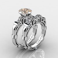 Art Masters Caravaggio 925 Sterling Silver 1.25 Ct Princess Champagne and White Diamond Engagement Ring Wedding Band Set R623PS-925SSDCHD