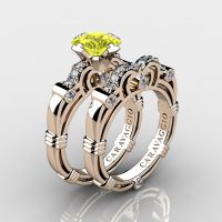 Art Masters Caravaggio 14K Rose Gold 1.25 Ct Princess Yellow Sapphire Diamond Engagement Ring Wedding Band Set R623PS-14KRGDYS