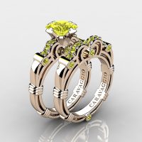 Art Masters Caravaggio 14K Rose Gold 1.25 Ct Princess Yellow Sapphire Engagement Ring Wedding Band Set R623PS-14KRGYS