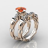 Art Masters Caravaggio 14K Rose Gold 1.25 Ct Princess Orange Sapphire Diamond Engagement Ring Wedding Band Set R623PS-14KRGDOS