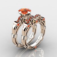 Art Masters Caravaggio 14K Rose Gold 1.25 Ct Princess Orange Sapphire Engagement Ring Wedding Band Set R623PS-14KRGOS