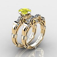 Art Masters Caravaggio 14K Yellow Gold 1.25 Ct Princess Yellow Sapphire Diamond Engagement Ring Wedding Band Set R623PS-14KYGDYS