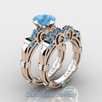 Art Masters Caravaggio 14K Rose Gold 1.25 Ct Princess Blue Topaz Engagement Ring Wedding Band Set R623PS-14KRGBT
