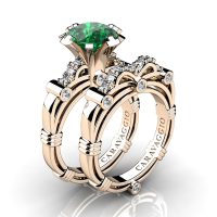 Art Masters Caravaggio 14K Rose Gold 3.0 Ct Emerald Diamond Engagement Ring Wedding Band Set R823S-14KRGDEM