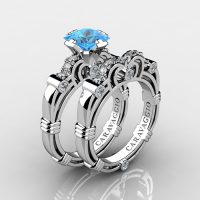 Art Masters Caravaggio 14K White Gold 1.25 Ct Princess Blue Topaz Diamond Engagement Ring Wedding Band Set R623PS-14KWGDBT