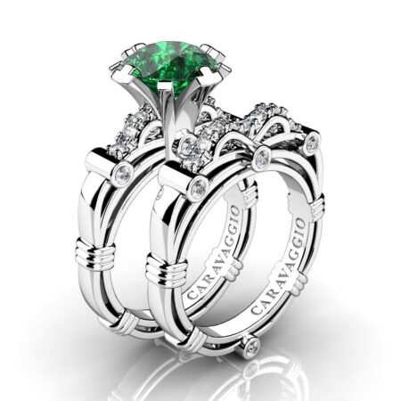Art-Masters-Caravaggio-14K-White-Gold-3-0-Ct-Emerald-Diamond-Italian-Engagement-Ring-Wedding-Band-Set-R823S-14KWGDEM22
