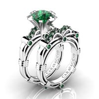 Art Masters Caravaggio 14K White Gold 3.0 Ct Emerald Engagement Ring Wedding Band Set R823S-14KWGEM