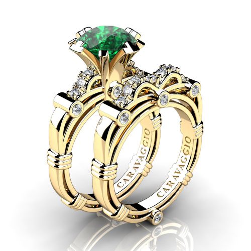Art Masters Caravaggio 14K Yellow Gold 3.0 Ct Emerald Diamond Engagement Ring Wedding Band Set R823S-14KYGDEM