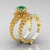 Caravaggio Lace 14K Yellow Gold 1.0 Ct Emerald Diamond Engagement Ring Wedding Band Set R634S-14KYGDEM