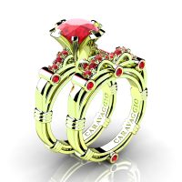 Art Masters Caravaggio 14K Green Gold 3.0 Ct Ruby Engagement Ring Wedding Band Set R823S-14KGGR