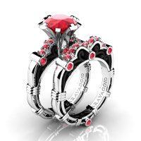 Art Masters Caravaggio 14K White Black Gold 3.0 Ct Ruby Engagement Ring Wedding Band Set R823S-14KWBGR