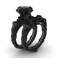 Art Masters Caravaggio 14K Black Gold 3.0 Ct Black Sapphire Engagement Ring Wedding Band Set R823S-14KBGBLS