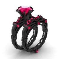 Art Masters Caravaggio 14K Black Gold 3.0 Ct Rose Ruby Engagement Ring Wedding Band Set R823S-14KBGRR