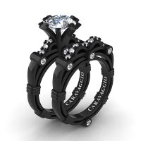 Art Masters Caravaggio 14K Black Gold 3.0 Ct White Sapphire Engagement Ring Wedding Band Set R823S-14KBGWS
