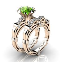 Art Masters Caravaggio 14K Rose Gold 3.0 Ct Peridot Diamond Engagement Ring Wedding Band Set R823S-14KRGDP