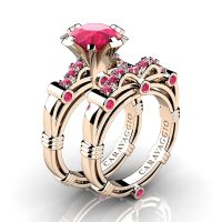 Art Masters Caravaggio 14K Rose Gold 3.0 Ct Rose Ruby Engagement Ring Wedding Band Set R823S-14KRGRR