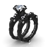 Art Masters Caravaggio 14K Black Gold 3.0 Ct White Sapphire Diamond Engagement Ring Wedding Band Set R843S-14KBGDWS