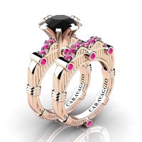 Art Masters Caravaggio 14K Rose Gold 3.0 Ct Black and Pink Sapphire Engagement Ring Wedding Band Set R843S-14KRGPSBLS