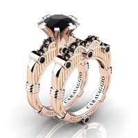 Art Masters Caravaggio 14K Rose Gold 3.0 Ct Black Diamond Engagement Ring Wedding Band Set R843S-14KRGBD