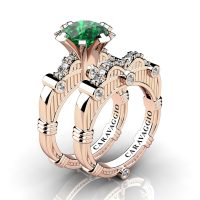 Art Masters Caravaggio 14K Rose Gold 3.0 Ct Emerald Diamond Engagement Ring Wedding Band Set R843S-14KRGDEM