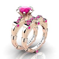 Art Masters Caravaggio 14K Rose Gold 3.0 Ct Pink Sapphire Engagement Ring Wedding Band Set R843S-14KRGPS