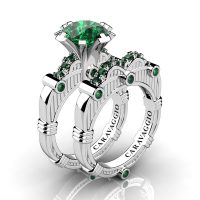 Art Masters Caravaggio 14K White Gold 3.0 Ct Emerald Engagement Ring Wedding Band Set R843S-14KWGEM