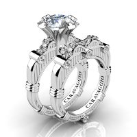 Art Masters Caravaggio 14K White Gold 3.0 Ct White Sapphire Diamond Engagement Ring Wedding Band Set R843S-14KWGDWS