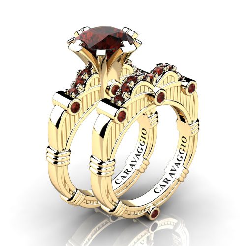 Art Masters Caravaggio 14K Yellow Gold 3.0 Ct Cognac Diamond Engagement Ring Wedding Band Set R843S-14KYGCD