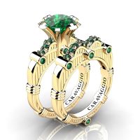 Art Masters Caravaggio 14K Yellow Gold 3.0 Ct Emerald Engagement Ring Wedding Band Set R843S-14KYGEM