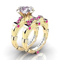 Art Masters Caravaggio 14K Yellow Gold 3.0 Ct White and Pink Sapphire Engagement Ring Wedding Band Set R843S-14KYGPSWS