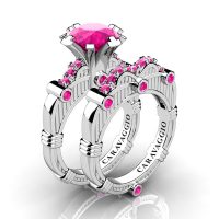 Art Masters Caravaggio 14K White Gold 3.0 Ct Pink Sapphire Engagement Ring Wedding Band Set R843S-14KWGPS