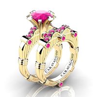 Art Masters Caravaggio 14K Yellow Gold 3.0 Ct Pink Sapphire Engagement Ring Wedding Band Set R843S-14KYGPS