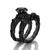 Art Masters Caravaggio 14K Black Gold 1.0 Ct Black Diamond Engagement Ring Wedding Band Set R623S-14KBGBD