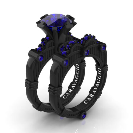 Art-Masters-Caravaggio-14K-Black-Gold-3-0-Ct-Blue-Sapphire-Italian-Engagement-Ring-Wedding-Band-Set-R843S-14KBGBS