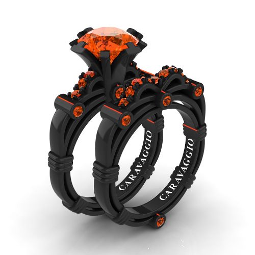 Art Masters Caravaggio 14K Black Gold 3.0 Ct Orange Sapphire Engagement Ring Wedding Band Set R823S-14KBGOS