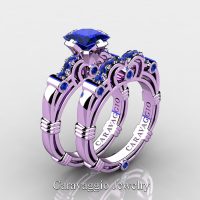 Art Masters Caravaggio 14K Lilac Gold 1.25 Ct Princess Blue Sapphire Engagement Ring Wedding Band Set R623PS-14KLGBS