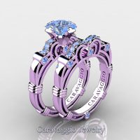 Art Masters Caravaggio 14K Lilac Gold 1.25 Ct Princess Light Blue Sapphire Engagement Ring Wedding Band Set R623PS-14KLGLBS
