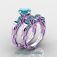 Art Masters Caravaggio 14K Lilac Gold 1.25 Ct Princess Blue Diamond Engagement Ring Wedding Band Set R623PS-14KLGBLD