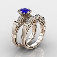 Art Masters Caravaggio 14K Matte Rose Gold 1.0 Ct Blue Sapphire Diamond Engagement Ring Wedding Band Set R623S-14KMRGDBS