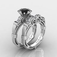 Art Masters Caravaggio 14K Matte White Gold 1.0 Ct Black Sapphire Diamond Engagement Ring Wedding Band Set R623S-14KMWGDBLS